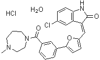structure of CAS# 1353858-99-7, (3E)-5-Chloro-3-[[5-[3-[(hexahydro-4-methyl-1H-1,4-diazepin-1-yl)carbonyl]phenyl]-2-furanyl]methylene]-1,3-dihydro-2H-indol-2-one hydrochloride hydrate (1:1:1)