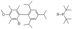 structure of CAS# 1359986-21-2, Bis(1,1-dimethylethyl)[4-methoxy-3,5,6-trimethyl-2',4',6'-tris(1-methylethyl)[1,1'-biphenyl]-2-yl]phosphine;ditert-butyl-[3-methoxy-2,4,5-trimethyl-6-[2,4,6-tri(propan-2-yl)phenyl]phenyl]phosphane