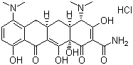 结构式 CAS# 13614-98-7, 盐酸二甲胺四环素; 二甲胺四环素盐酸盐; 盐酸米诺环素; 4,7-双(二甲氨基)-1,4,4a,5,5a,6,11,12a-八氢-3,10,12,12a-四羟基-1,11-二氧-2-并四苯甲酰胺盐酸盐