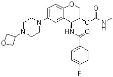 结构式 CAS# 1373215-15-6, N-[(3R,4S)-3,4-二氢-3-[[(甲基氨基)羰基]氧基]-6-[4-(3-氧杂环丁基)-1-哌嗪基]-2H-1-苯并吡喃-4-基]-4-氟-苯甲酰胺