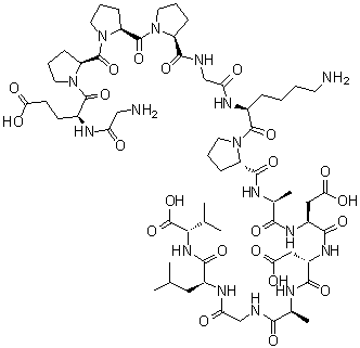 structure of CAS# 137525-51-0, Glycyl-L-alpha-glutamyl-L-prolyl-L-prolyl-L-prolylglycyl-L-lysyl-L-prolyl-L-alanyl-L-alpha-aspartyl-L-alpha-aspartyl-L-alanylglycyl-L-leucyl-L-valine;BPC 157 trifluoroacetate salt; (4S)-4-[(2-aminoacetyl)amino]-5-[(2S)-2-[(2S)-2-[(2S)-2-[[2-[[(2S)-6-amino-1-[(2S)-2-[[(2S)-1-[[(2S)-3-carboxy-1-[[(2S)-3-carboxy-1-[[(2S)-1-[[2-[[(2S)-1-[[(1S)-1-carboxy-2-methylpropyl]amino]-4-methyl-1-oxopentan-2-yl]amino]-2-oxoethyl]amino]-1-oxopropan-2-yl]amino]-1-oxopropan-2-yl]amino]-1-oxopropan-2-yl]amino]-1-oxopropan-2-yl]carbamoyl]pyrrolidin-1-yl]-1-oxohexan-2-yl]amino]-2-oxoethyl]carbamoyl]pyrrolidine-1-carbonyl]pyrrolidine-1-carbonyl]pyrrolidin-1-yl]-5-oxopentanoic acid