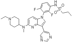 结构式 CAS# 1392429-79-6, N-[3-[5-[(1-乙基-4-哌啶基)甲基氨基]-3-(5-嘧啶基)-1H-吡咯并[3,2-b]吡啶-1-基]-2,4-二氟苯基]-1-丙烷磺酰胺