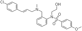结构式 CAS# 139298-40-1, KN 93; N-[2-[[[3-(4-氯苯基)-2-丙烯-1-基]甲基氨基]甲基]苯基]-N-(2-羟基乙基)-4-甲氧基苯磺酰胺