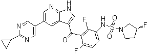 structure of CAS# 1393466-87-9, (3R)-N-[3-[[5-(2-Cyclopropyl-5-pyrimidinyl)-1H-pyrrolo[2,3-b]pyridin-3-yl]carbonyl]-2,4-difluorophenyl]-3-fluoro-1-pyrrolidinesulfonamide;(3R)-N-[3-[[5-(2-Cyclopropylpyrimidin-5-yl)-1H-pyrrolo[2,3-b]pyridin-3-yl]carbonyl]-2,4-difluorophenyl]-3-fluoropyrrolidine-1-sulfonamide