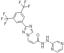 structure of CAS# 1393477-72-9, KPT 330;(2Z)-3-[3-[3,5-Bis(trifluoromethyl)phenyl]-1H-1,2,4-triazol-1-yl]-2-propenoic acid 2-(2-pyrazinyl)hydrazide