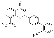 structure of CAS# 139481-28-0, 2-[[(2'-Cyano[1,1'-biphenyl]-4-yl)methyl]amino]-3-nitro-benzoic acid methyl ester;Methyl 2-[[(2'-cyanobiphenyl-4-yl)methyl]amino]-3-nitrobenzoate