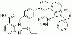 结构式 CAS# 139481-72-4, 三苯甲基坎地沙坦; 2-乙氧基-3-[[4-[2-(1-三苯甲基-1H-四唑-5-基)苯基]苯基]甲基]-3H-苯并咪唑-4-羧酸
