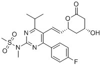 structure of CAS# 1422954-11-7, Rosuvastatin (3R,5R)-Lactone;(3R,5R)-Rosuvastatin Lactone;N-[4-(4-fluorophenyl)-5-[(E)-2-[(2R,4R)-4-hydroxy-6-oxooxan-2-yl]ethenyl]-6-propan-2-ylpyrimidin-2-yl]-N-methylmethanesulfonamide
