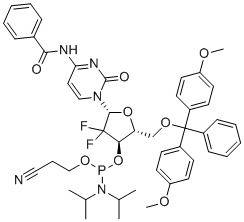 structure of CAS# 142808-44-4, N-[1-[(2R,4R,5R)-5-[[bis(4-methoxyphenyl)-phenylmethoxy]methyl]-4-[2-cyanoethoxy-[di(propan-2-yl)amino]phosphanyl]oxy-3,3-difluorooxolan-2-yl]-2-oxopyrimidin-4-yl]benzamide