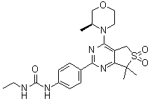 结构式 CAS# 1429639-50-8, N-[4-[5,7-二氢-7,7-二甲基-4-[(3S)-3-甲基-4-吗啉基]-6,6-二氧代噻吩并[3,4-d]嘧啶-2-基]苯基]-N'-乙基脲