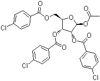 structure of CAS# 144084-01-5, 1-O-Acetyl-2,3,5-tri-O-(4-chlorobenzoyl)-beta-D-ribofuranose