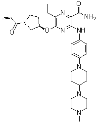 结构式 CAS# 1448232-80-1, 6-乙基-3-[[4-[4-(4-甲基-1-哌嗪基)-1-哌啶基]苯基]氨基]-5-[[(3R)-1-(1-氧代-2-丙烯-1-基)-3-吡咯烷基]氧基]-2-吡嗪甲酰胺