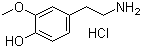 structure of CAS# 1477-68-5, 2-Methoxytyramine hydrochloride;3-Methoxy-4-hydroxyphenethylamine hydrochloride; 3-O-Methyldopamine hydrochloride; 4-(2-Aminoethyl)-2-methoxyphenol hydrochloride