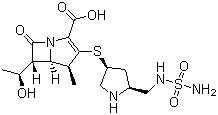 结构式 CAS# 148016-81-3, 多尼培南; (+)-(4R,5S,6S)-6-[(1R)-1-羟基乙基]-4-甲基-7-氧代-3-[[(3S,5S)-5-[(氨基磺酰氨基)-甲基]-3-吡咯烷基]硫]-1-氮杂双环[3.2.0]庚-2-烯-2-甲酸