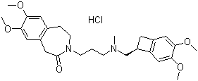 structure of CAS# 148849-67-6, Ivabradine hydrochloride;3-[3-[[(8S)-3,4-Dimethoxy-8-bicyclo[4.2.0]octa-1,3,5-trienyl]methyl-methylamino]propyl]-7,8-dimethoxy-2,5-dihydro-1H-3-benzazepin-4-one hydrochloride