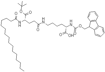 structure of CAS# 1491158-62-3, Fmoc-Lys(Pal-Glu-OtBu)-OH;(2S)-2-(9H-fluoren-9-ylmethoxycarbonylamino)-6-[[(4S)-4-(hexadecanoylamino)-5-[(2-methylpropan-2-yl)oxy]-5-oxopentanoyl]amino]hexanoic acid