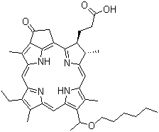 structure of CAS# 149402-51-7, Photochlor;(3S,4S)-14-Ethyl-9-[1-(hexyloxy)ethyl]-4,8,13,18-tetramethyl-20-oxo-3-phorbinepropanoic acid; 2-[1'-(Hexyloxy)ethyl]-2-devinylpyropheophorbide A; 3-Devinyl-3-(1'-hexyloxy)ethylpyropheophorbide A