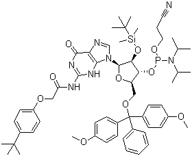 structure of CAS# 149989-68-4, 5'-O-(4,4-Dimethoxytrityl)-2'-O-[(tert-butyl)dimethylsilyl]-N-[[4-(tert-butyl)phenoxy]acetyl]guanosine-3'-(2-cyanoethyl-N,N-diisopropyl)phosphoramidite;5'-O-DMT-2'-TBDMS-rG(N-tac)-3'-CEDPA