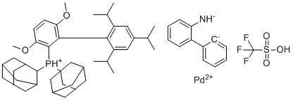 structure of CAS# 1507404-60-5, Methanesulfonato[2-(Di-1-adamantylphosphino)-2',4',6'-triisopropyl-3,6-dimethoxybiphenyl][2-(2'-amino-1,1'-biphenyl)]palladium(II);1-adamantyl-(2-adamantyl)-[3,6-dimethoxy-2-[2,4,6-tri(propan-2-yl)phenyl]phenyl]phosphanium palladium(2+) (2-phenylphenyl)azanide;trifluoromethanesulfonic acid