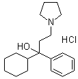 structure of CAS# 1508-76-5, 1-Cyclohexyl-1-phenyl-3-pyrrolidino-1-propanol hydrochloride;Tricyclamol hydrochloride; (+/-)-Procyclidine hydrochloride; Arpicolin; Kemadrin; Kemadrin hydrochloride; Osnervan; Procyclidine hydrochloride