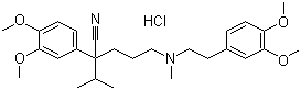 structure of CAS# 152-11-4, (+/-)-Verapamil hydrochloride;alpha-(3-((2-(3,4-Dimethoxyphenyl)ethyl)methylamino)propyl)-3,4-dimethoxy-alpha-(1-methylethyl)-benzeneacetonitrile hydrochloride; 5-[N-(3,4-Dimethoxyphenylethyl)methylamino]-2-(3,4-dimethoxyphenyl)-2-isopropylvaleronitrile hydrochloride