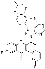 结构式 CAS# 1532533-67-7, 2-[(1S)-1-[4-氨基-3-[3-氟-4-(1-甲基乙氧基)苯基]-1H-吡唑并[3,4-d]嘧啶-1-基]乙基]-6-氟-3-(3-氟苯基)-4H-1-苯并吡喃-4-酮