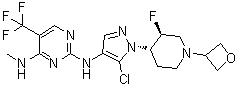structure of CAS# 1536200-31-3, rel-N2-[5-Chloro-1-[(3R,4R)-3-fluoro-1-(3-oxetanyl)-4-piperidinyl]-1H-pyrazol-4-yl]-N4-methyl-5-(trifluoromethyl)-2,4-pyrimidinediamine;GNE-9605
