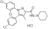 structure of CAS# 158681-13-1, Rimonabant hydrochloride;5-(4-Chlorophenyl)-1-(2,4-dichlorophenyl)-4-methyl-N-1-piperidinyl-1H-pyrazole-3-carboxamide monohydrochloride