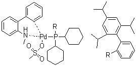 structure of CAS# 1599466-81-5, (SP-4-3)-[Dicyclohexyl[2',4',6'-tris(1-methylethyl)[1,1'-biphenyl]-2-yl]phosphine](methanesulfonato)[2'-(methylamino)[1,1'-biphenyl]-2-yl]palladium;XPhos Pd G4