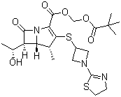 structure of CAS# 161715-24-8, Tebipenem pivoxil;[(2,2-Dimethylpropanoyl)oxy]methyl (4R,5S,6S)-3-{[1-(4,5-dihydro-1,3-thiazol-2-yl)azetidin-3-yl]sulfanyl}-6-[(1R)-1-hydroxyethyl]-4-methyl-7-oxo-1-azabicyclo[3.2.0]hept-2-ene-2-carboxylate
