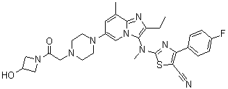 结构式 CAS# 1628260-79-6, 2-[[2-乙基-6-[4-[2-(3-羟基-1-氮杂环丁基)-2-氧代乙基]-1-哌嗪基]-8-甲基咪唑并[1,2-a]吡啶-3-基]甲基氨基]-4-(4-氟苯基)-5-噻唑甲腈
