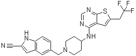 结构式 CAS# 1628316-74-4, 5-[[4-[[6-(2,2,2-三氟乙基)噻吩并[2,3-d]嘧啶-4-基]氨基]-1-哌啶基]甲基]-1H-吲哚-2-甲腈