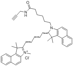 structure of CAS# 1628790-37-3, Cy5.5 alkyne;6-[1,1-dimethyl-2-[5-(1,1,3-trimethylbenzo[e]indol-3-ium-2-yl)penta-2,4-dienylidene]benzo[e]indol-3-yl]-N-prop-2-ynylhexanamide chloride