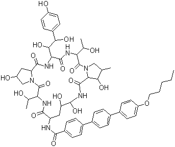 structure of CAS# 166663-25-8, Anidulafungin;N-[(3S,6S,9S,11R,15S,18S,20R,21R,24S,25S,26S)-6-[(1S,2S)-1,2-dihydroxy-2-(4-hydroxyphenyl)ethyl]-11,20,21,25-tetrahydroxy-3,15-bis[(1R)-1-hydroxyethyl]-26-methyl-2,5,8,14,17,23-hexaoxo-1,4,7,13,16,22-hexazatricyclo[22.3.0.09,13]heptacosan-18-yl]-4-[4-(4-pentoxyphenyl)phenyl]benzamide