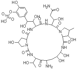 structure of CAS# 168110-44-9, Micafungin FR-179642 impurity (acid);[5-[(1S,2S)-2-[(3S,6S,9S,11R,15S,18S,20R,21R,24S,25S,26S)-18-amino-3-[(1R)-3-amino-1-hydroxy-3-oxopropyl]-11,20,21,25-tetrahydroxy-15-[(1R)-1-hydroxyethyl]-26-methyl-2,5,8,14,17,23-hexaoxo-1,4,7,13,16,22-hexazatricyclo[22.3.0.09,13]heptacosan-6-yl]-1,2-dihydroxyethyl]-2-hydroxyphenyl] hydrogen sulfate