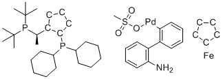 structure of CAS# 1702311-34-9, Josiphos SL-J009-1 Pd G3;Methanesulfonato{(R)-(-)-1-[(S)-2-(dicyclohexylphosphino)ferrocenyl]ethyldi-t-butylphosphine}(2'-amino-1,1'-biphenyl-2-yl)palladium(II)