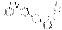 structure of CAS# 1703793-34-3, BLU 285;(alphaS)-alpha-(4-Fluorophenyl)-alpha-methyl-2-[4-[6-(1-methyl-1H-pyrazol-4-yl)pyrrolo[2,1-f][1,2,4]triazin-4-yl]-1-piperazinyl]-5-pyrimidinemethanamine