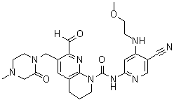 structure of CAS# 1708971-55-4, Roblitinib;N-[5-Cyano-4-[(2-methoxyethyl)amino]-2-pyridinyl]-7-formyl-3,4-dihydro-6-[(4-methyl-2-oxo-1-piperazinyl)methyl]-1,8-naphthyridine-1(2H)-carboxamide