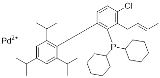 structure of CAS# 1798782-02-1, Chloro(crotyl)(2-dicyclohexylphosphino-2',4',6'-triisopropyl-1,1'-biphenyl) palladium(II);[2-[(E)-but-2-enyl]-3-chloro-6-[2,4,6-tri(propan-2-yl)phenyl]phenyl]-dicyclohexylphosphane palladium(2+)