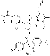 结构式 CAS# 199593-09-4, N-乙酰基-5'-O-(4,4-二甲氧基三苯甲基)-2'-O-甲基胞苷-3'-(2-氰基乙基-N,N-二异丙基)亚磷酰胺