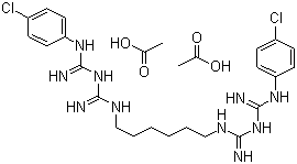 结构式 CAS# 206986-79-0, 醋酸氯己定; 1,6-双(N1-对氯苯基-N5-双胍基)己烷二醋酸盐
