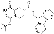 structure of CAS# 209593-18-0, (R)-1-N-tert-Butoxycarbonyl-4-N-[(9H-fluoren-9-ylmethoxy)carbonyl]-2-piperazine carboxylic acid