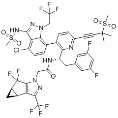 structure of CAS# 2189684-44-2, Lenacapavir;N-[(1S)-1-[3-[4-chloro-3-(methanesulfonamido)-1-(2,2,2-trifluoroethyl)indazol-7-yl]-6-(3-methyl-3-methylsulfonylbut-1-ynyl)pyridin-2-yl]-2-(3,5-difluorophenyl)ethyl]-2-[(2S,4R)-5,5-difluoro-9-(trifluoromethyl)-7,8-diazatricyclo[4.3.0.02,4]nona-1(6),8-dien-7-yl]acetamide