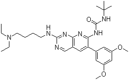 结构式 CAS# 219580-11-7, PD 173074; N-[2-[[4-(二乙基氨基)丁基]氨基]-6-(3,5-二甲氧基苯基)吡啶并[2,3-d]嘧啶-7-基]-N'-叔丁基脲