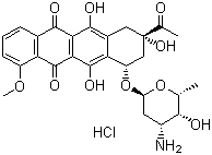 structure of CAS# 23541-50-6, Daunorubicin hydrochloride;(8S-cis)-8-Acetyl-10-((3-amino-2,3,6-trideoxy-alpha-L-lyxo-hexopyranosyl)oxy)-7,8,9,10-tetrahydro-6,8,11-trihydroxy-1-methoxy-5,12-naphthacenedione hydrochloride