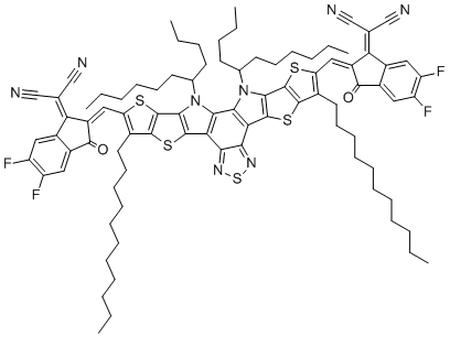structure of CAS# 2389125-23-7, Y6-BO-4F;2-[(2Z)-2-[[23-[(Z)-[1-(dicyanomethylidene)-5,6-difluoro-3-oxoinden-2-ylidene]methyl]-3,27-di(undecan-5-yl)-8,22-di(undecyl)-6,10,15,20,24-pentathia-3,14,16,27-tetrazaoctacyclo[16.9.0.02,12.04,11.05,9.013,17.019,26.021,25]heptacosa-1(18),2(12),4(11),5(9),7,13,16,19(26),21(25),22-decaen-7-yl]methylidene]-5,6-difluoro-3-oxoinden-1-ylidene]propanedinitrile