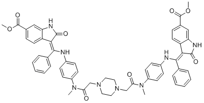 structure of CAS# 2410284-90-9, Nintedanib Impurity 33;Dimethyl 3,3'-(((((2,2'-(piperazine-1,4-diyl)bis(acetyl))bis(methylazanediyl))bis(4,1-phenylene))bis(azanediyl))bis(phenylmethanylylidene))(3Z,3'E)-bis(2-oxoindoline-6-carboxylate)