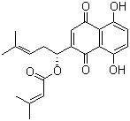 structure of CAS# 24502-79-2, beta,beta-Dimethylacrylshikonin;Shikonin beta,beta-dimethylacrylate; Isoarnebin I; 3-Methyl-2-butenoic acid (1R)-1-(1,4-dihydro-5,8-dihydroxy-1,4-dioxo-2-naphthalenyl)-4-methyl-3-penten-1-yl ester