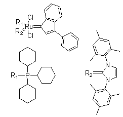 结构式 CAS# 254972-49-1, [1,3-二氢-1,3-双(2,4,6-三甲基苯基)-2H-咪唑-2-亚基](3-苯基-1H-茚-1-亚基)(三环己基膦)二氯化钌