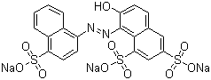 结构式 CAS# 2611-82-7, 酸性红 18; 食品红 7; 酸性大红 3R; 胭脂红; 1-(4-磺酸-1-萘偶氮)-2-羟基-6,8-萘二磺酸三钠盐